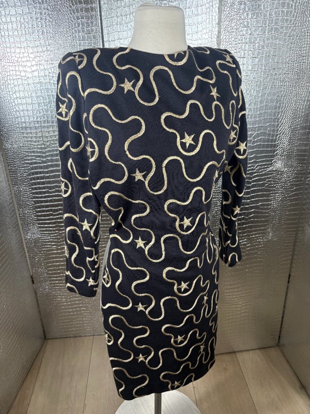 Vintage Steven Stolman Black and Gold Embroidered Midi Dress